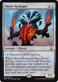 Matter Reshaper
 ({C} represents colorless mana.)
When Matter Reshaper dies, reveal the top card of your library. You may put that card onto the battlefield if it's a permanent card with mana value 3 or less. Otherwise, put that card into your hand.